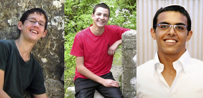 Los tres estudiantes secuestrados y asesinados: Naftali Frenkel (16), Gilad Shaer (16) y Eyal Yifraj (19) Los tres estudiantes secuestrados y asesinados: Naftali Frenkel (16), Gilad Shaer (16) y Eyal Yifraj (19)