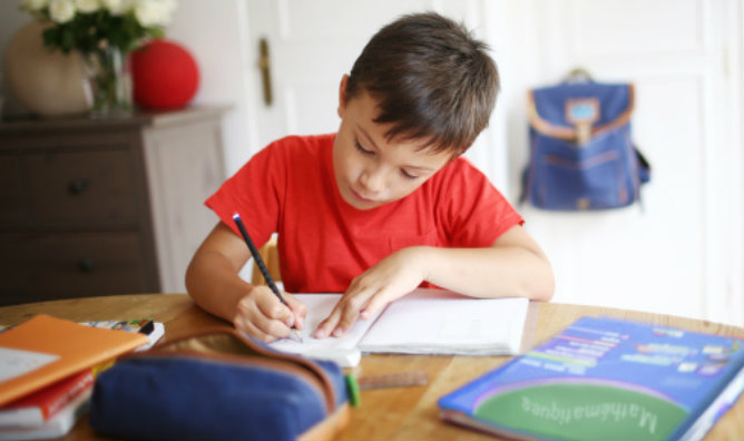 Niño de 7 años haciendo uso de libros de texto Niño de 7 años haciendo uso de libros de texto