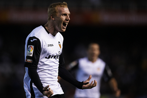 Jeremy Mathieu celebra un gol en Mestalla Jeremy Mathieu celebra un gol en Mestalla