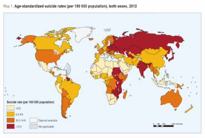 Mapa creado por la OMS sobre la cantidad de suicidios que se producen a nivel mundial. Mapa creado por la OMS sobre la cantidad de suicidios que se producen a nivel mundial.