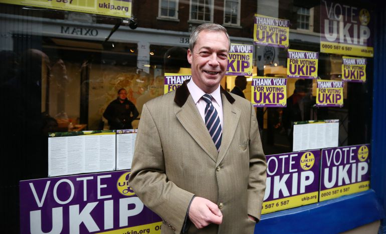 ROCHESTER, ENGLAND - NOVEMBER 21: United Kingdom Independence Party (UKIP) leader Nigel Farage poses for photographs outside the UKIP office on November 21, 2014 in Rochester, England. UKIP now has a second elected MP at Westminster after Mark Reckless won the Rochester and Strood by-election. (Photo by Carl Court/Getty Images) ROCHESTER, ENGLAND - NOVEMBER 21: United Kingdom Independence Party (UKIP) leader Nigel Farage poses for photographs outside the UKIP office on November 21, 2014 in Rochester, England. UKIP now has a second elected MP at Westminster after Mark Reckless won the Rochester and Strood by-election. (Photo by Carl Court/Getty Images)