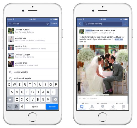 La aplicación móvil de Facebook y las búsquedas en la red social en dos teléfonos iPhone La aplicación móvil de Facebook y las búsquedas en la red social en dos teléfonos iPhone