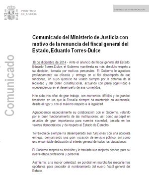 Nota del Gobierno sobre la dimisión de Eduardo Torres-Dulce Nota del Gobierno sobre la dimisión de Eduardo Torres-Dulce