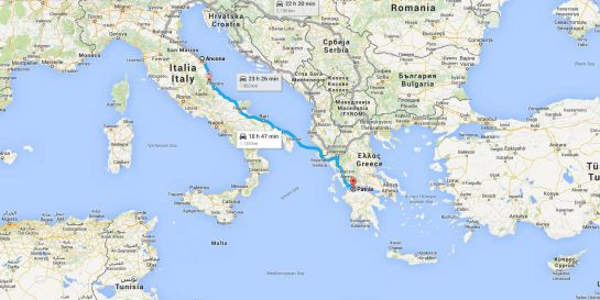 Imagen de la ruta que el ferry incendiado hacía entre Patras (Grecia) y Ancona (Italia) Imagen de la ruta que el ferry incendiado hacía entre Patras (Grecia) y Ancona (Italia)