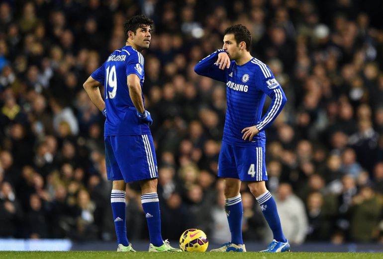 LONDON, ENGLAND - JANUARY 01: Cesc Fabregas and Diego Costa of Chelsea show their dejection after conceding a fourth goal during the Barclays Premier League match between Tottenham Hotspur and Chelsea at White Hart Lane on January 1, 2015 in London, England. (Photo by Michael Regan/Getty Images) LONDON, ENGLAND - JANUARY 01: Cesc Fabregas and Diego Costa of Chelsea show their dejection after conceding a fourth goal during the Barclays Premier League match between Tottenham Hotspur and Chelsea at White Hart Lane on January 1, 2015 in London, England. (Photo by Michael Regan/Getty Images)