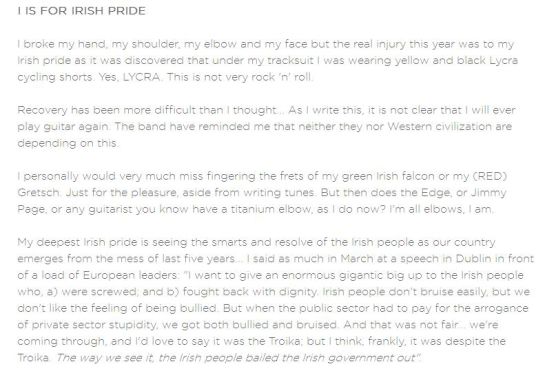 Extracto de la publicación de U2 en la que Bono afirma no saber si podrá volver a tocar la guitarra. Extracto de la publicación de U2 en la que Bono afirma no saber si podrá volver a tocar la guitarra.