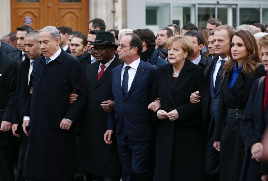 Benjamin Netanyahu, French President Francois Hollande, German Chancellor Angela Merkel and Queen Rania of Jordan attend a mass unity rally following the recent Paris terrorist attacks on January 11, 2015 in Paris, France. An estimated one million people have converged in central Paris for the Unity March joining in solidarity with the 17 victims of this week's terrorist attacks in the country. French President Francois Hollande led the march and was joined by world leaders in a sign of unity. The terrorist atrocities started on Wednesday with the attack on the French satirical magazine Charlie Hebdo, killing 12, and ended on Friday with sieges at a printing company in Dammartin en Goele and a Kosher supermarket in Paris with four hostages and three suspects being killed. A fourth suspect, Hayat Boumeddiene, 26, escaped and is wanted in connection with the murder of a policewoman. (Photo by Dan Kitwood/Getty Images) Benjamin Netanyahu, French President Francois Hollande, German Chancellor Angela Merkel and Queen Rania of Jordan attend a mass unity rally following the recent Paris terrorist attacks on January 11, 2015 in Paris, France. An estimated one million people have converged in central Paris for the Unity March joining in solidarity with the 17 victims of this week's terrorist attacks in the country. French President Francois Hollande led the march and was joined by world leaders in a sign of unity. The terrorist atrocities started on Wednesday with the attack on the French satirical magazine Charlie Hebdo, killing 12, and ended on Friday with sieges at a printing company in Dammartin en Goele and a Kosher supermarket in Paris with four hostages and three suspects being killed. A fourth suspect, Hayat Boumeddiene, 26, escaped and is wanted in connection with the murder of a policewoman. (Photo by Dan Kitwood/Getty Images)