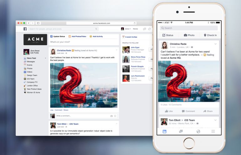 Captura de pantalla de ‘Facebook at Work’ en móvil y ordenador Captura de pantalla de ‘Facebook at Work’ en móvil y ordenador