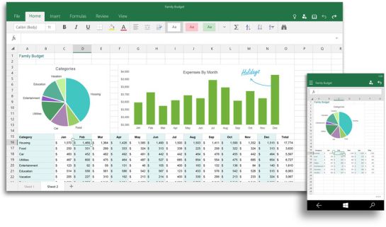 Captura de pantalla de Excel 2016 en tablet y móvil Captura de pantalla de Excel 2016 en tablet y móvil