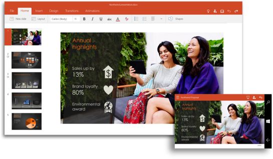 Captura de pantalla de PowerPoint 2016 en tablet y móvil Captura de pantalla de PowerPoint 2016 en tablet y móvil