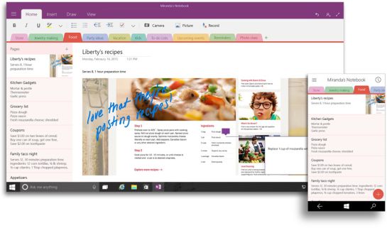 Captura de pantalla de OneNote 2016 en tablet y móvil Captura de pantalla de OneNote 2016 en tablet y móvil