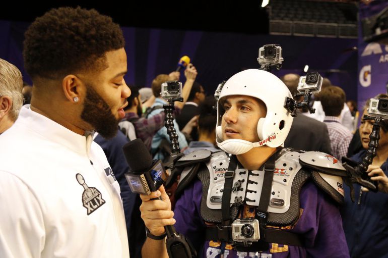 Jan 27, 2015; Phoenix, AZ, USA; Seattle Seahawks quarterback B.J. Daniels (left) is interviewed by NBC Sports correspondent Karim Mendiburu Contreras (right) during media day for Super Bowl XLIX at US Airways Center. Mandatory Credit: Matthew Emmons-USA TODAY Sports Jan 27, 2015; Phoenix, AZ, USA; Seattle Seahawks quarterback B.J. Daniels (left) is interviewed by NBC Sports correspondent Karim Mendiburu Contreras (right) during media day for Super Bowl XLIX at US Airways Center. Mandatory Credit: Matthew Emmons-USA TODAY Sports