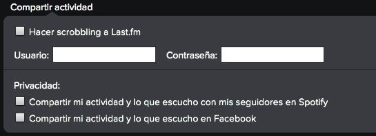 Opciones para compartir actividad de Spotify Opciones para compartir actividad de Spotify