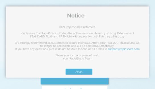 Mensaje de cierre que muestra RapidShare en su web Mensaje de cierre que muestra RapidShare en su web