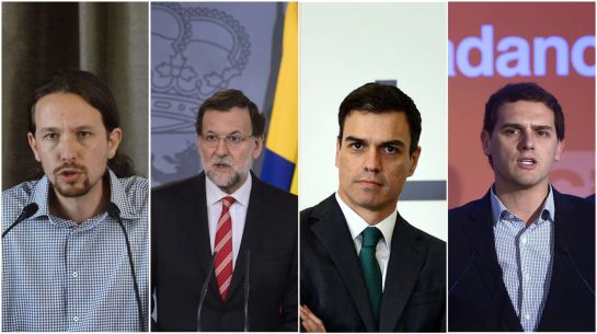 TO GO WITH AFP STORY BY PATRICK RAHIR - This combination of four images taken in Madrid shows (L to R) Leader of Podemos, a left-wing party that emerged out of the "Indignants" movement, Pablo Iglesias, Spanish Prime Minister, Mariano Rajoy, Secretary general of Spanish Socialist Party (PSOE) Pedro Sanchez, and President of center right party Ciudadanos (Citizens) Albert Rivera speaking during various public appearances. Spaniards, called to cast ballots throughout this year, threaten to break the two-party system in practice since 1982, preferring a "four-way wrestling match " with the radical left Podemos and outsider Ciudadanos, polls show. AFP PHOTO / AFP PHOTO TO GO WITH AFP STORY BY PATRICK RAHIR - This combination of four images taken in Madrid shows (L to R) Leader of Podemos, a left-wing party that emerged out of the "Indignants" movement, Pablo Iglesias, Spanish Prime Minister, Mariano Rajoy, Secretary general of Spanish Socialist Party (PSOE) Pedro Sanchez, and President of center right party Ciudadanos (Citizens) Albert Rivera speaking during various public appearances. Spaniards, called to cast ballots throughout this year, threaten to break the two-party system in practice since 1982, preferring a "four-way wrestling match " with the radical left Podemos and outsider Ciudadanos, polls show. AFP PHOTO / AFP PHOTO