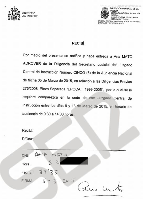 TRAMA GÜRTEL: La notificación judicial de Ana Mato TRAMA GÜRTEL: La notificación judicial de Ana Mato