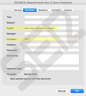 Propiedades del documento Word, donde se pueden identificar el autor y la empresa. Propiedades del documento Word, donde se pueden identificar el autor y la empresa.