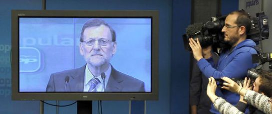 Monitor en la sala de prensa de la sede del Partido Popular, en la calle Génova, durante la intervención del presidente del Gobierno el 2 de febrero de 2013 Monitor en la sala de prensa de la sede del Partido Popular, en la calle Génova, durante la intervención del presidente del Gobierno el 2 de febrero de 2013