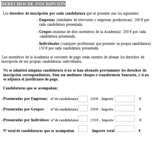 Premios Iris, hoja de inscripción Premios Iris, hoja de inscripción