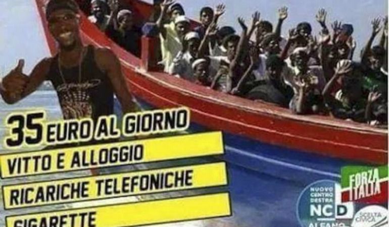 Cartel de Forza Italia en el que se mofa de los inmigrantes. Cartel de Forza Italia en el que se mofa de los inmigrantes.