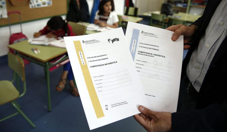 Un profesor muestra los cuestionarios que deben rellenar los alumnos, en la nueva evaluación externa de tercero de Primaria fijada por la Lomce Un profesor muestra los cuestionarios que deben rellenar los alumnos, en la nueva evaluación externa de tercero de Primaria fijada por la Lomce