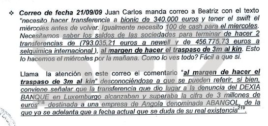 Correo electrónico cruzado entre dos de los imputados en el que hablan de transferir tres millones de euros "al Kin" / MIGUEL ÁNGEL CAMPOS Correo electrónico cruzado entre dos de los imputados en el que hablan de transferir tres millones de euros "al Kin" / MIGUEL ÁNGEL CAMPOS