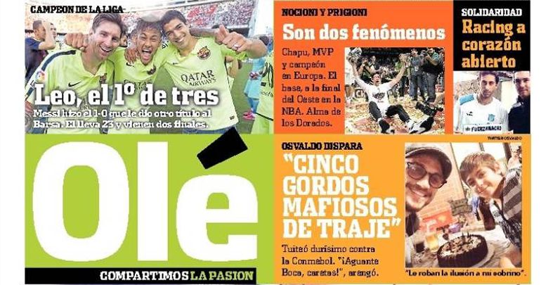 'Olé' destaca el papel de Messi en la conquista de la Liga por parte del equipo de Luis Enrique. 'Olé' destaca el papel de Messi en la conquista de la Liga por parte del equipo de Luis Enrique.