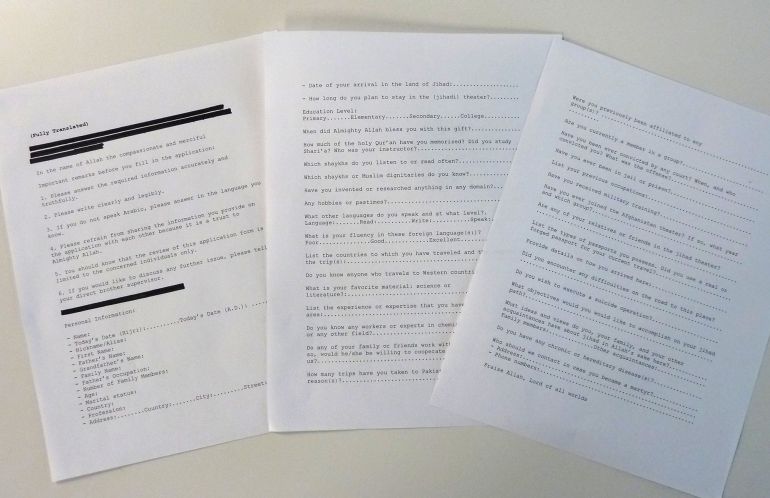 TOPSHOTS
Image taken May 19, 2015 in Washington, DC shows a printed-out version of Al-Qaeda's recruitment form translated by the CIA and provided to AFP. The original document was among intelligence materials seized by US commandos on May 2, 2011 after they stormed Bin Laden's hideout in the Pakistani town of Abbottabad and shot him dead. The CIA declassified the Al-Qaeda recruitment form and around 100 other documents from Bin Laden's archive on May 20, 2015, allowing an insight into his thinking in his final years. The document calls for motivated young volunteers with deep religious convictions, but also with qualifications in science, engineering and office management. Bin Laden called for select individuals to be trained at Al-Qaeda safehouses in Pakistan over a period of months before being sent to launch attacks in the West.
EDS NOTE: Parts of the document are redacted at the source's request. AFP PHOTO TOPSHOTS
Image taken May 19, 2015 in Washington, DC shows a printed-out version of Al-Qaeda's recruitment form translated by the CIA and provided to AFP. The original document was among intelligence materials seized by US commandos on May 2, 2011 after they stormed Bin Laden's hideout in the Pakistani town of Abbottabad and shot him dead. The CIA declassified the Al-Qaeda recruitment form and around 100 other documents from Bin Laden's archive on May 20, 2015, allowing an insight into his thinking in his final years. The document calls for motivated young volunteers with deep religious convictions, but also with qualifications in science, engineering and office management. Bin Laden called for select individuals to be trained at Al-Qaeda safehouses in Pakistan over a period of months before being sent to launch attacks in the West.
EDS NOTE: Parts of the document are redacted at the source's request. AFP PHOTO