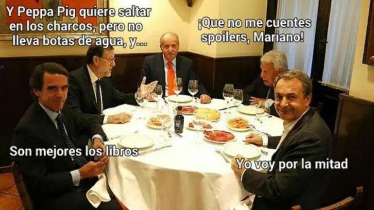 Imagen intervenida por un cibernauta en la que aparecen el Rey Juan Carlos (c), el Presidente del Gobierno, Mariano Rajoy (2i) y los expresidentes José María Aznar (i), Felipe González (2d) y José Luis Rodriguez Zapatero. Imagen intervenida por un cibernauta en la que aparecen el Rey Juan Carlos (c), el Presidente del Gobierno, Mariano Rajoy (2i) y los expresidentes José María Aznar (i), Felipe González (2d) y José Luis Rodriguez Zapatero.