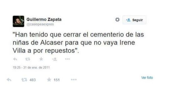 El tweet que publico Guillermo Zapata en enero de 2011 y que provocó su renuncia como concejal de cultura. El tweet que publico Guillermo Zapata en enero de 2011 y que provocó su renuncia como concejal de cultura.