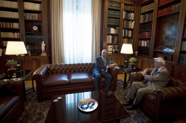 Greek President Prokopis Pavlopoulos (R) listens to the leader of conservative New Democracy party Vangelis Meimarakis during their meeting in the presidential palace in Athens, Greece, August 21, 2015. Greece's president formally gave the conservative opposition a chance on Friday to form a new government after leftist Prime Minister Alexis Tsipras resigned, but the country appears almost certain to be heading to an election next month. REUTERS/Stoyan Nenov Greek President Prokopis Pavlopoulos (R) listens to the leader of conservative New Democracy party Vangelis Meimarakis during their meeting in the presidential palace in Athens, Greece, August 21, 2015. Greece's president formally gave the conservative opposition a chance on Friday to form a new government after leftist Prime Minister Alexis Tsipras resigned, but the country appears almost certain to be heading to an election next month. REUTERS/Stoyan Nenov