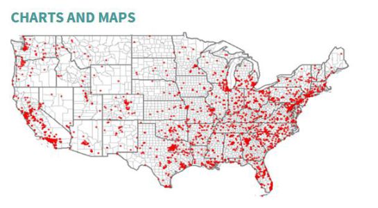 Mapa de concentración de sucesos con armas de fuego en los Estados Unidos. Mapa de concentración de sucesos con armas de fuego en los Estados Unidos.