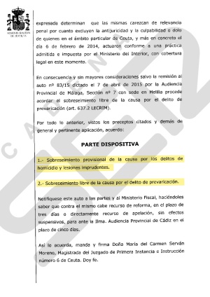 Extracto del auto judicial que da carpetazo a la tragedia del Tarajal Extracto del auto judicial que da carpetazo a la tragedia del Tarajal