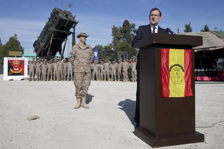 Mariano Rajoy, durante su intervención en la visita que ha realizado al contingente de 150 militares españoles en la base de Adana. Mariano Rajoy, durante su intervención en la visita que ha realizado al contingente de 150 militares españoles en la base de Adana.