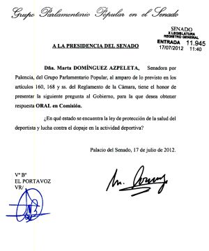 La pregunta de Marta Domínguez en el Senado sobre el dopaje. La pregunta de Marta Domínguez en el Senado sobre el dopaje.