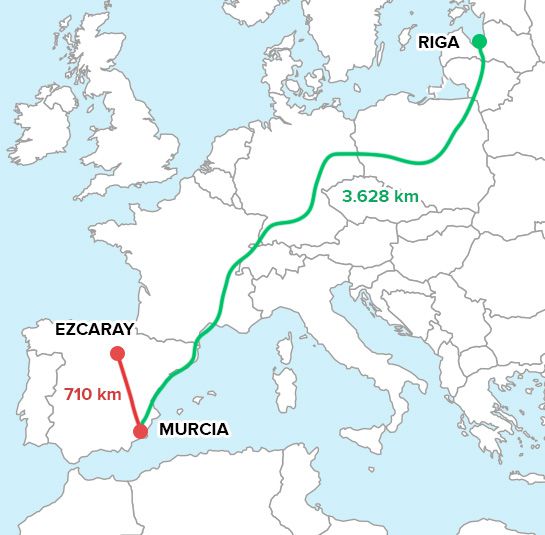 Ruta entre Murcia y Riga y entre Murcia y Ezcaray. Ruta entre Murcia y Riga y entre Murcia y Ezcaray.
