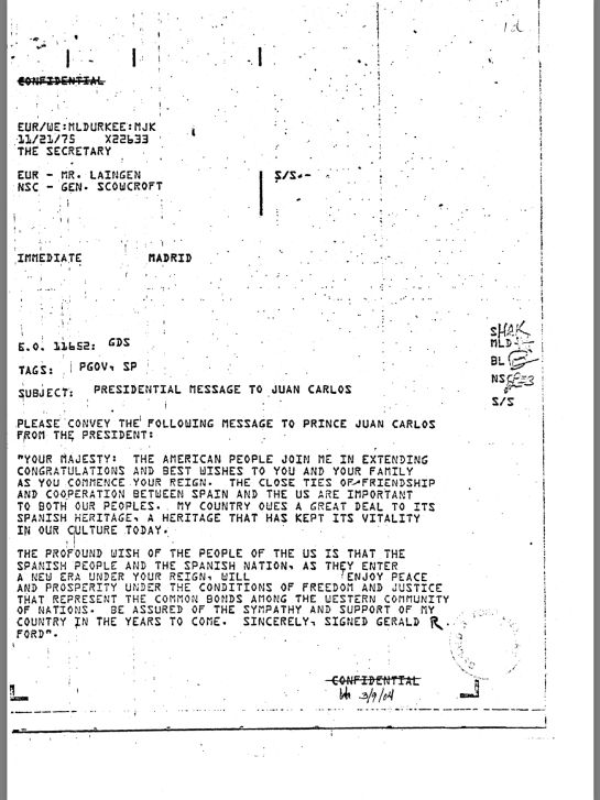 Mensaje de Gerald Ford al rey Juan Carlos. Mensaje de Gerald Ford al rey Juan Carlos.