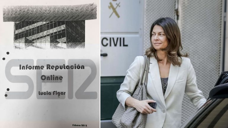 Lucía Figar, tras su declaración, y la portada del Informe de reputación online elaborado por Alejandro de Pedro, 'conseguidor' de la trama Púnica Lucía Figar, tras su declaración, y la portada del Informe de reputación online elaborado por Alejandro de Pedro, 'conseguidor' de la trama Púnica