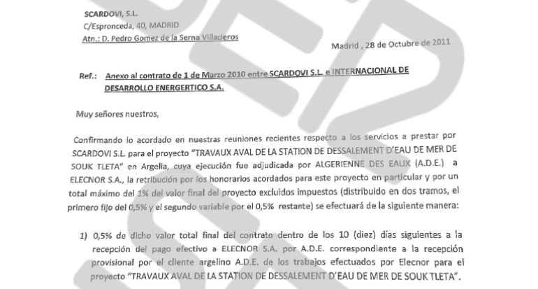 Documento que refleja la comisión pactada con Elecnor por el contrato de una desaladora en Argelia. Documento que refleja la comisión pactada con Elecnor por el contrato de una desaladora en Argelia.