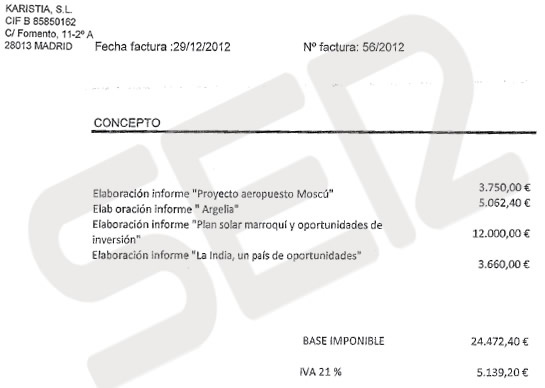Imagen de la factura pagada al despacho vinculado a Gustavo de Arístegui por un informe sobre India cuando ya era embajador Imagen de la factura pagada al despacho vinculado a Gustavo de Arístegui por un informe sobre India cuando ya era embajador