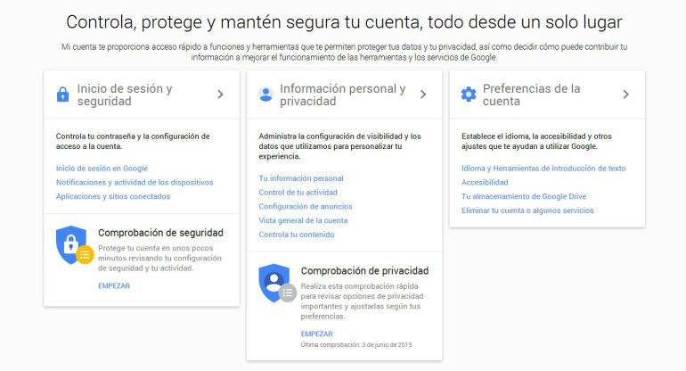 Imagen del enlace "Mi Cuenta" de Google para gestionar la privacidad del usuario Imagen del enlace "Mi Cuenta" de Google para gestionar la privacidad del usuario