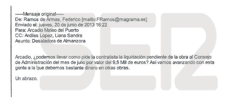 Mensaje remitido por el hoy subsecretario de Presidencia, Federico Ramos de Armas, al director general de AcuaMed, Arcadio Mateo, con copia a Liana Ardiles López, directora general del Agua del Ministerio de Agricultura Mensaje remitido por el hoy subsecretario de Presidencia, Federico Ramos de Armas, al director general de AcuaMed, Arcadio Mateo, con copia a Liana Ardiles López, directora general del Agua del Ministerio de Agricultura