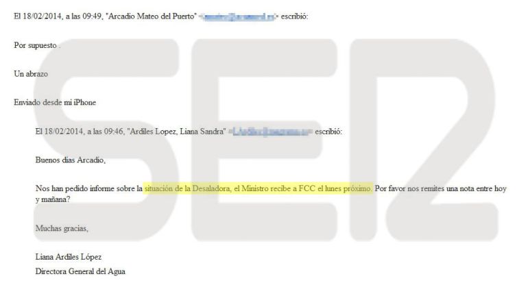 Correo electrónico enviado por la vicepresidenta de Acuamed, Liana Ardiles, en el que pide un informe para la reunión que iba a mantener el entonces ministro de Agricultura, Miguel Arias Cañete, con FCC Correo electrónico enviado por la vicepresidenta de Acuamed, Liana Ardiles, en el que pide un informe para la reunión que iba a mantener el entonces ministro de Agricultura, Miguel Arias Cañete, con FCC