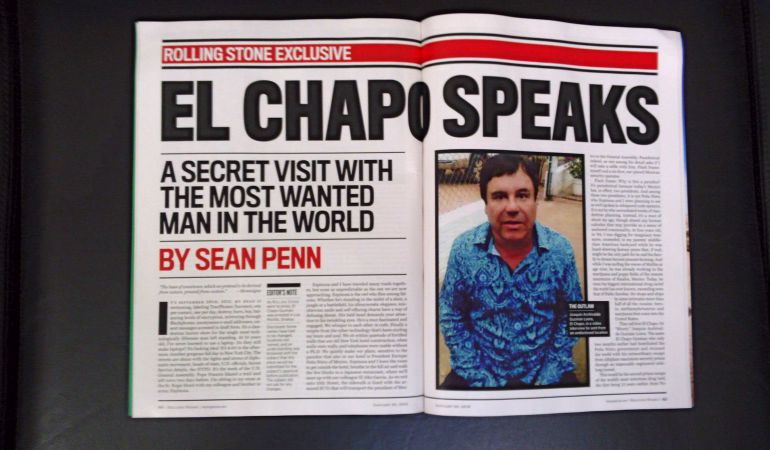 Imagen de la revista Rollings Stones que muestra la entrevista que el actor estadounidense Sean Penn realizó en octubre del pasado año al entonces prófugo narcotraficante mexicano el Chapo "Guzmán". Imagen de la revista Rollings Stones que muestra la entrevista que el actor estadounidense Sean Penn realizó en octubre del pasado año al entonces prófugo narcotraficante mexicano el Chapo "Guzmán".