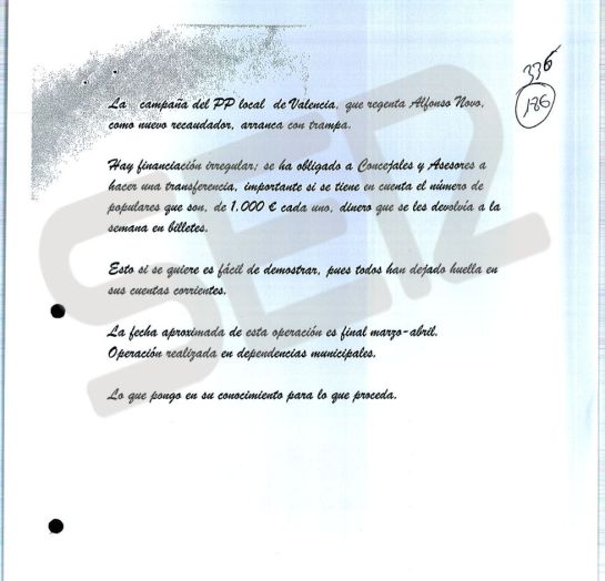 Nota anónima que dio origen a la investigación de la presunta financiación ilegal del PP de Valencia. Nota anónima que dio origen a la investigación de la presunta financiación ilegal del PP de Valencia.