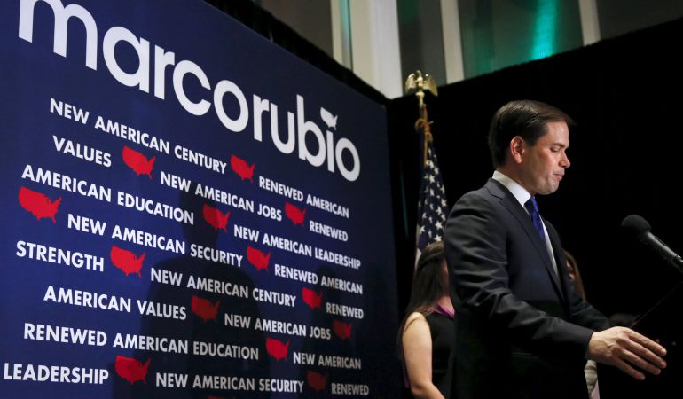 El hasta ahora aspirante republicano a la presidencia Marco Rubio al anunciar la suspensión de su campaña El hasta ahora aspirante republicano a la presidencia Marco Rubio al anunciar la suspensión de su campaña