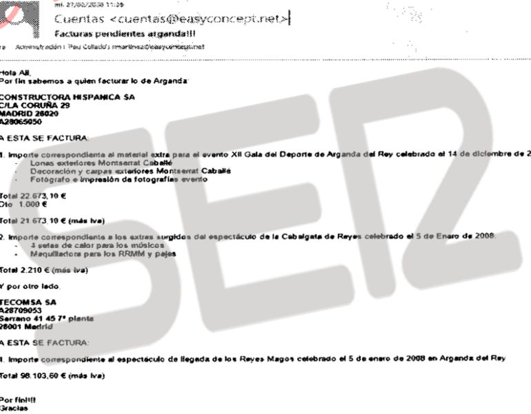 Correo electrónico en el que un empleado de la firma Gürtel Easy Concept festeja que "por fin sabemos a quién facturar lo de Arganda", y comunica a otro qué constructora pagará cada concepto que correspondía al Ayuntamiento. Correo electrónico en el que un empleado de la firma Gürtel Easy Concept festeja que "por fin sabemos a quién facturar lo de Arganda", y comunica a otro qué constructora pagará cada concepto que correspondía al Ayuntamiento.