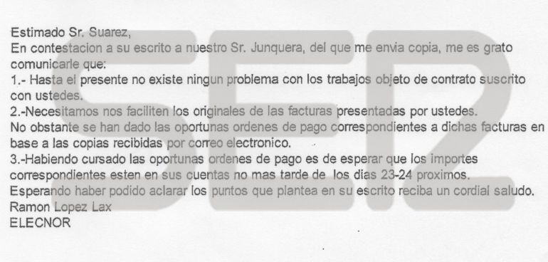 El representante de Castelino en España escribe a Junquera, exdirectivo de Elecnor. El representante de Castelino en España escribe a Junquera, exdirectivo de Elecnor.