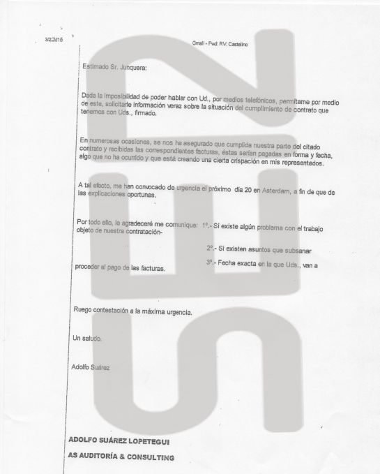 El correo electrónico que el representante de Castelino en España escribe a Germán Junquera (Elecnor). El correo electrónico que el representante de Castelino en España escribe a Germán Junquera (Elecnor).