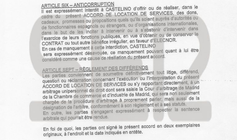 Un fragmento del contrato en francés entre Castelino y Elecnor. Un fragmento del contrato en francés entre Castelino y Elecnor.